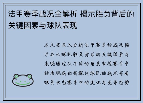 法甲赛季战况全解析 揭示胜负背后的关键因素与球队表现