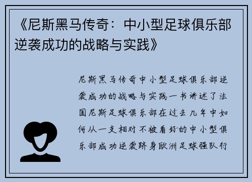 《尼斯黑马传奇：中小型足球俱乐部逆袭成功的战略与实践》