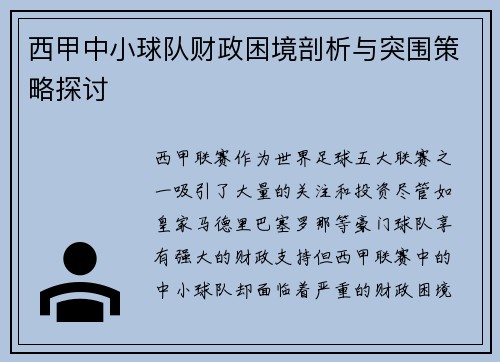 西甲中小球队财政困境剖析与突围策略探讨