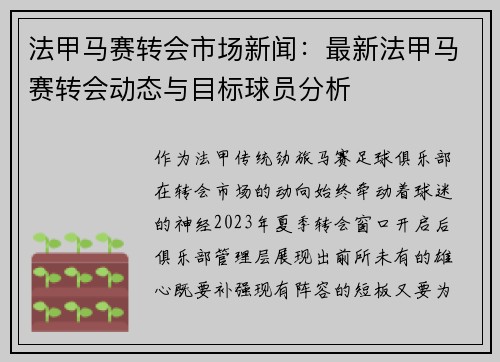 法甲马赛转会市场新闻：最新法甲马赛转会动态与目标球员分析