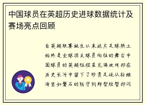 中国球员在英超历史进球数据统计及赛场亮点回顾